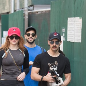 Sophie Turner et son compagnon Joe Jonas promènent leur petit chiot (Pomsky) dans les rues de New York, le 8 septembre 2017.