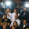 Luka Karabatic, sa compagne Jeny Priez, Nikola Karabatic et sa femme Géraldine Pillet dans les tribunes lors du match de Ligue 1 entre le Paris Saint-Germain et le FC Toulouse au Parc des Princes à Paris, le 20 août 2017.