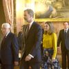 Le roi Felipe VI et la reine Letizia d'Espagne recevaient le 20 novembre 2017 le président de l'Etat de Palestine, Mahmoud Abbas, au palais royal à Madrid.