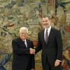 Le roi Felipe VI d'Espagne a accueilli le président de l'État de Palestine Mahmoud Abbas au palais de la Zarzuela à Madrid, le 20 novembre 2017, avant un déjeuner au palais royal.