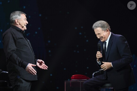 Exclusif - Jean-Marie Bigard et Michel Drucker - Enregistrement de l'émission "Le Grand Show de l'Humour - Les 50 comiques préférés des français" présenté par Michel Drucker à la Seine Musicale à Boulogne-Billancourt le 4 décembre 2017. L'émission sera diffusée le 16 décembre à 20h50 sur France 2. © Pierre Peruseau/Bestimage