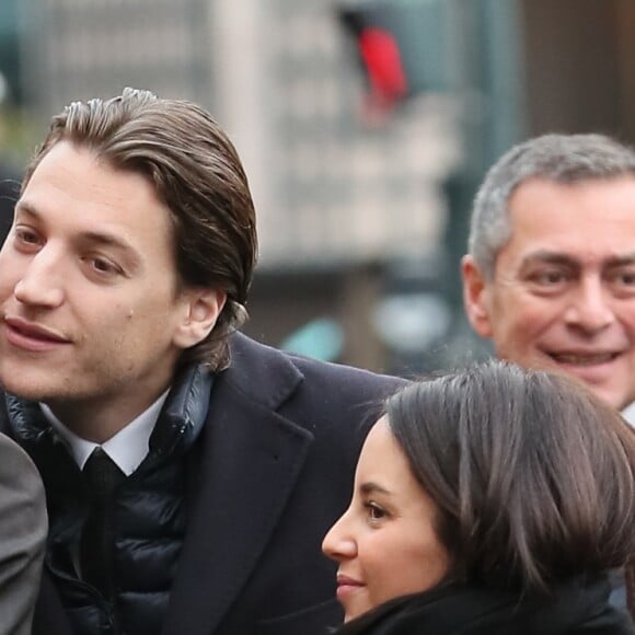 Jean Sarkozy et sa femme Jessica Sebaoun - Obsèques de Andrée Sarkozy (mère de N.Sarkozy), dite Dadue née Andrée Mallah, en l'église Saint-Jean-Baptiste à Neuilly-Sur-Seine, le 18 décembre 2017.