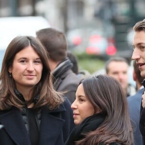 Jean Sarkozy et sa femme Jessica Sebaoun - Obsèques de Andrée Sarkozy (mère de N.Sarkozy), dite Dadue née Andrée Mallah, en l'église Saint-Jean-Baptiste à Neuilly-Sur-Seine, le 18 décembre 2017.