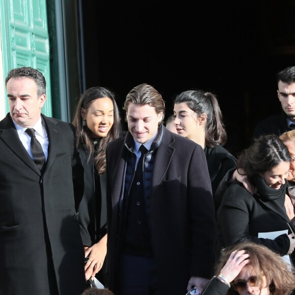 Pierre Sarkozy, Olivier Sarkozy, Jean Sarkozy, Isabelle et Patrick Balkany - Sortie des obsèques de Andrée Sarkozy (mère de Nicolas Sarkozy), dite Dadue née Andrée Mallah, en l'église Saint-Jean-Baptiste à Neuilly-Sur-Seine, le 18 décembre 2017.