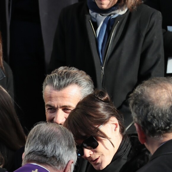 François Sarkozy, ses filles Anastasia et Katinka, son fils Arpad, Nicolas Sarkozy et sa femme Carla Bruni - Sortie des obsèques de Andrée Sarkozy (mère de Nicolas Sarkozy), dite Dadue née Andrée Mallah, en l'église Saint-Jean-Baptiste à Neuilly-Sur-Seine, le 18 décembre 2017.