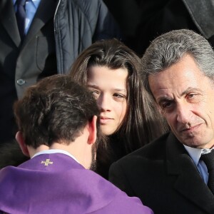 Anastasia et Katinka Sarkozy, Nicolas Sarkozy - Sortie des obsèques de Andrée Sarkozy (mère de Nicolas Sarkozy), dite Dadue née Andrée Mallah, en l'église Saint-Jean-Baptiste à Neuilly-Sur-Seine, le 18 décembre 2017.