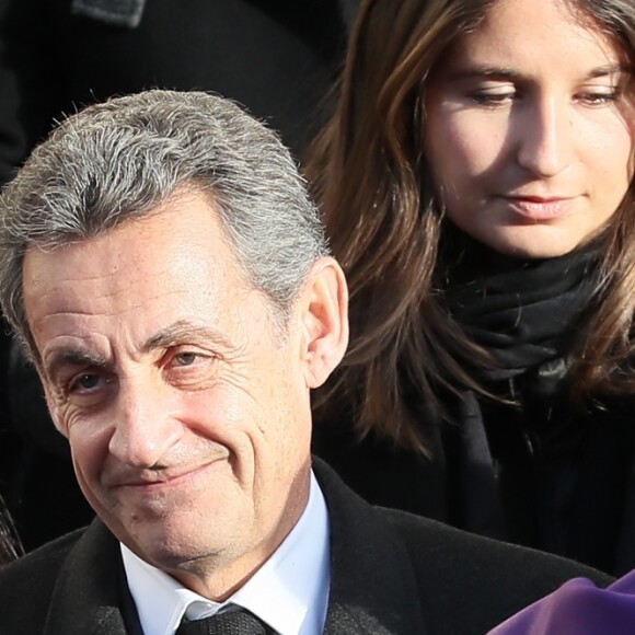 Anastasia et Katinka Sarkozy, Nicolas Sarkozy - Sortie des obsèques de Andrée Sarkozy (mère de Nicolas Sarkozy), dite Dadue née Andrée Mallah, en l'église Saint-Jean-Baptiste à Neuilly-Sur-Seine, le 18 décembre 2017.