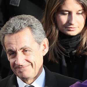 Anastasia et Katinka Sarkozy, Nicolas Sarkozy - Sortie des obsèques de Andrée Sarkozy (mère de Nicolas Sarkozy), dite Dadue née Andrée Mallah, en l'église Saint-Jean-Baptiste à Neuilly-Sur-Seine, le 18 décembre 2017.