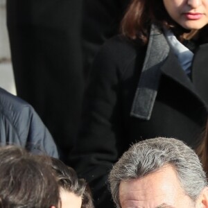 Anastasia et Katinka Sarkozy, Nicolas Sarkozy et sa femme Carla Bruni, Guillaume Sarkozy - Sortie des obsèques de Andrée Sarkozy (mère de Nicolas Sarkozy), dite Dadue née Andrée Mallah, en l'église Saint-Jean-Baptiste à Neuilly-Sur-Seine, le 18 décembre 2017.