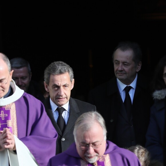 Nicolas Sarkozy et sa femme Carla Bruni, Guillaume Sarkozy et sa fille - Sortie des obsèques de Andrée Sarkozy (mère de Nicolas Sarkozy), dite Dadue née Andrée Mallah, en l'église Saint-Jean-Baptiste à Neuilly-Sur-Seine, le 18 décembre 2017.
