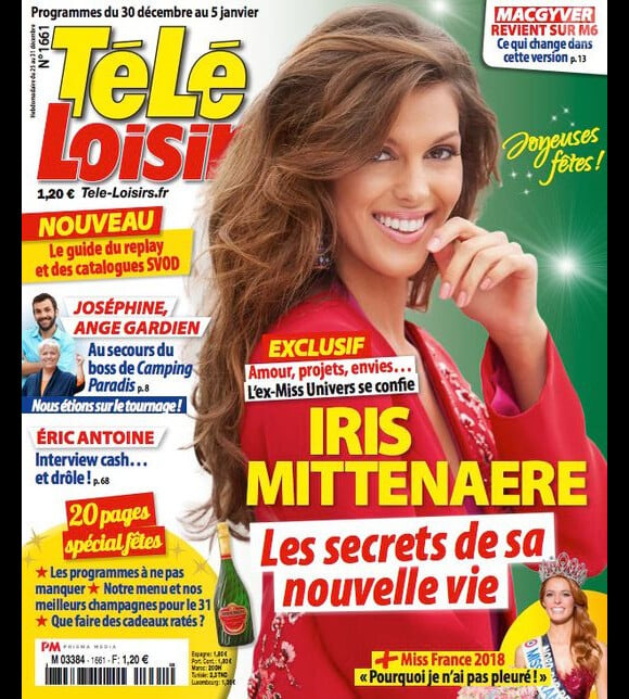 Iris Mittenaere en couverture du magazine "Télé Loisirs" en kiosques mardi 26 décembre 2017.