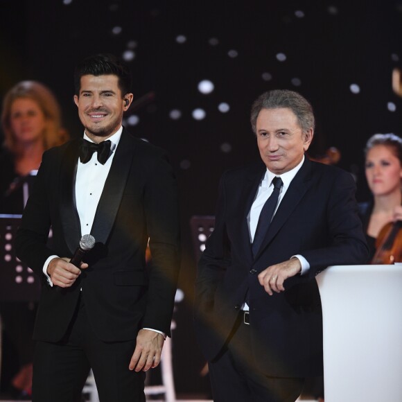 Exclusif - Vincent Niclo et Michel Drucker - Enregistrement de l'émission "Bon Anniversaire Laurent Gerra" au Pavillon Baltard à Nogent-sur-Marne le 13 novembre 2017. L'émission a été diffusée sur France 2, le 29 décembre, le jour J du 50ème anniversaire de l'humoriste. © Pierre Perusseau/Bestimage