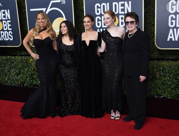 Mariah Carey, America Ferrera, enceinte, Natalie Portman, Emma Stone, Billie Jean King sur le tapis rouge de la 75ème cérémonie des Golden Globe Awards au Beverly Hilton à Los Angeles, le 7 janvier 2018.