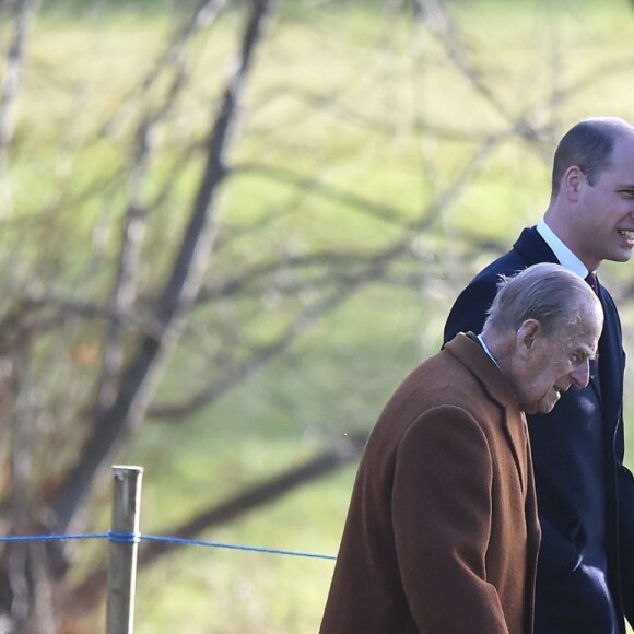 La duchesse Catherine de Cambridge et le prince William avec le duc d'Edimbourg à Sandringham le 7 janvier 2018, de sortie pour la messe en l'église Sainte Marie Madeleine. © Joe Giddens/PA Wire/Abacapress.com