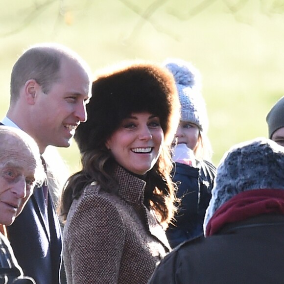 La duchesse Catherine de Cambridge et le prince William avec le duc d'Edimbourg à Sandringham le 7 janvier 2018, de sortie pour la messe en l'église Sainte Marie Madeleine. © Joe Giddens/PA Wire/Abacapress.com