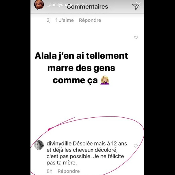 Annily Chatelain, la fille d'Alizée, agacée sur Instgram le 11 janvier 2018.