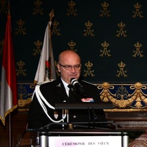 De gauche à droite, Richard Marangoni, directeur de la sûreté publique de Monaco, le prince Albert II de Moaco, Serge Telle, le ministre d'Etat de la Principauté, Patrice Cellario, le ministre de l'intérieur, et Christophe Haget, commissaire principal de la police monégasque, durant la traditionnelle cérémonie des voeux de la Sureté Publique de Monaco le 16 janvier 2018. © Bruno Bebert / Bestimage  Prince Albert II of Monaco during the traditional ceremony of the wishes of the Public Security of Monaco on january 16th 201816/01/2018 - Monaco