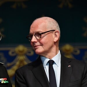 Le prince Albert II de Monaco et Serge Telle, le ministre d'Etat de la Principauté, durant la traditionnelle cérémonie des voeux de la Sûreté Publique de Monaco le 16 janvier 2018. © Bruno Bebert / Bestimage