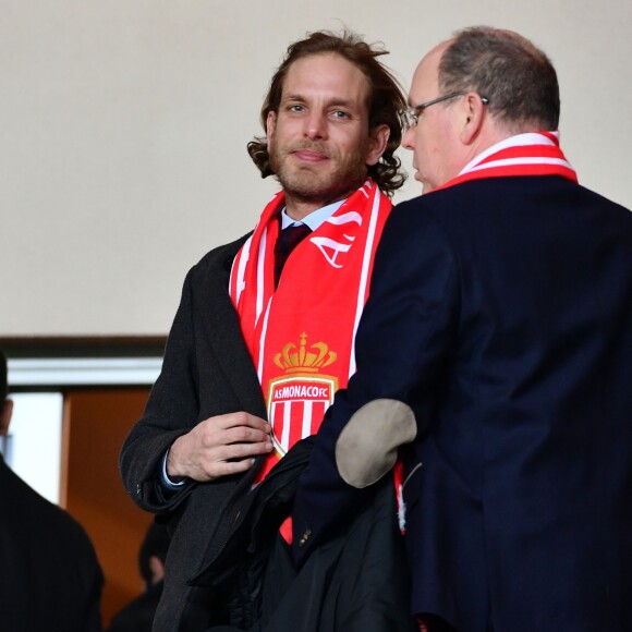 Andrea Casiraghi et le prince Albert II de Monaco - Rencontre de Ligue 1 de football entre Monaco et Nice au stade Louis II de Monaco le 16 janvier 2018. Monaco et Nice ont fait match nul 2 buts à 2. © Bruno Bebert/Bestimage
