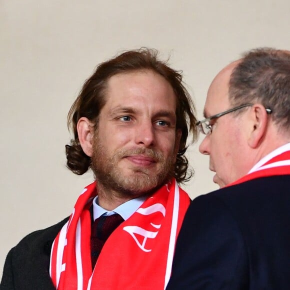 Andrea Casiraghi et le prince Albert II de Monaco - Rencontre de Ligue 1 de football entre Monaco et Nice au stade Louis II de Monaco le 16 janvier 2018. Monaco et Nice ont fait match nul 2 buts à 2. © Bruno Bebert/Bestimage