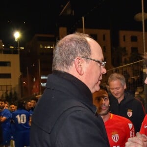 Le prince Albert II de Monaco et son neveu Louis Ducruet lors du traditionnel match de football au stade de Cap d'Ail le 22 janvier 2018, opposant l'équipe du prince Albert II de Monaco à celle des Artistes du Cirque pendant le 42eme Festival International du Cirque de Monte Carlo. L'équipe du Prince a remporté la rencontre par 2 buts à 0. © Bruno Bebert/Bestimage