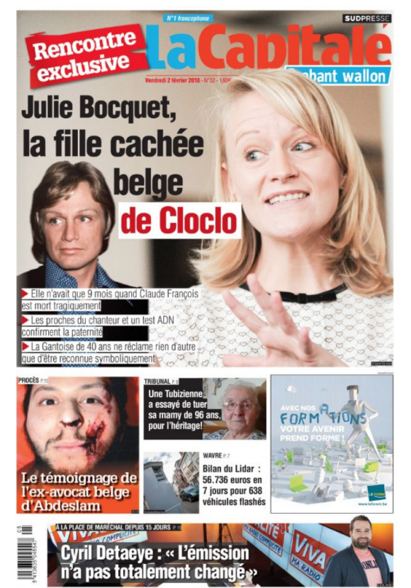 Une du journal belge "La Capitale", 2 février 2018. La fille cachée de Claude François, Julie Bocquet, se dévoile à l'aube des 40 ans de la mort de son père.