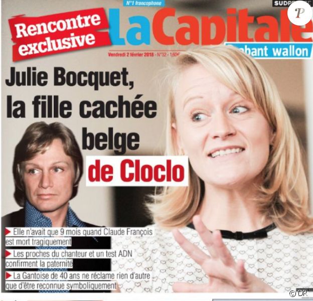 Une du journal belge "La Capitale", 2 février 2018. La fille cachée de Claude François, Julie Bocquet, se dévoile à l'aube des 40 ans de la mort de son père.