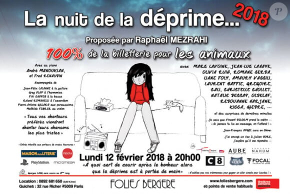 Affiche du spectacle La Nuit de la déprime 2018 avec la mention "entrée interdite aux porteurs de fourrure" (vers le bas, à gauche)