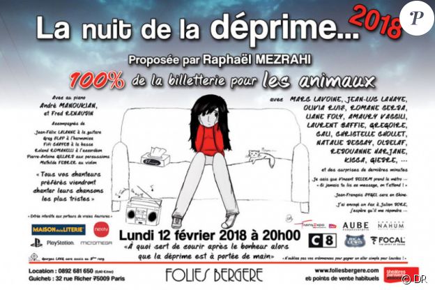 Affiche du spectacle La Nuit de la déprime 2018 avec la mention "entrée interdite aux porteurs de fourrure" (vers le bas, à gauche)