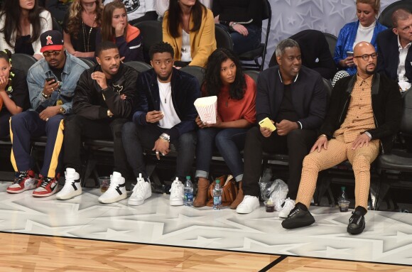 Michael B. Jordan, Chadwick Boseman et Common assistent au NBA All-Star Game 2018 au Staples Center. Los Angeles, le 18 février 2018.
