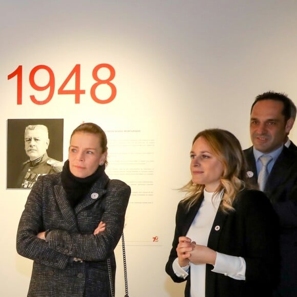 Exclusif - La princesse Stéphanie de Monaco visite l'exposition pour le 70 ème anniversaire de la Croix-Rouge Monégasque le 13 février 2018 en présence de Frederic Platini, secrétaire général de la Croix-Rouge Monégasque et d'autres membres de la Croix-Rouge © Olivier Huitel / Pool restreint Monaco / Bestimage