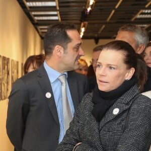 Exclusif - La princesse Stéphanie de Monaco visite l'exposition pour le 70 ème anniversaire de la Croix-Rouge Monégasque le 13 février 2018 en présence de Frederic Platini, secrétaire général de la Croix-Rouge Monégasque et d'autres membres de la Croix-Rouge © Olivier Huitel / Pool restreint Monaco / Bestimage