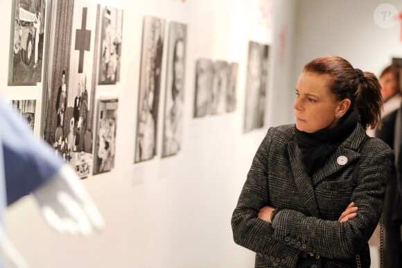 Exclusif - La princesse Stéphanie de Monaco visite l'exposition pour le 70 ème anniversaire de la Croix-Rouge Monégasque le 13 février 2018 en présence de Frederic Platini, secrétaire général de la Croix-Rouge Monégasque et d'autres membres de la Croix-Rouge © Olivier Huitel / Pool restreint Monaco / Bestimage
