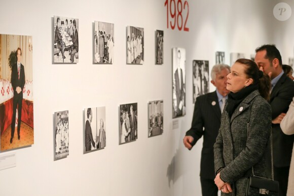 Exclusif - La princesse Stéphanie de Monaco visite l'exposition pour le 70 ème anniversaire de la Croix-Rouge Monégasque le 13 février 2018 en présence de Frederic Platini, secrétaire général de la Croix-Rouge Monégasque et d'autres membres de la Croix-Rouge © Olivier Huitel / Pool restreint Monaco / Bestimage