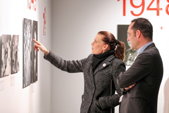 Exclusif - La princesse Stéphanie de Monaco visite l'exposition pour le 70 ème anniversaire de la Croix-Rouge Monégasque le 13 février 2018 en présence de Frederic Platini, secrétaire général de la Croix-Rouge Monégasque et d'autres membres de la Croix-Rouge © Olivier Huitel / Pool restreint Monaco / Bestimage