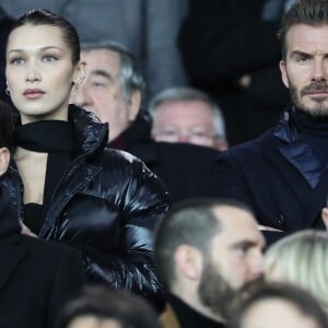 Bella Hadid et David Beckham - People lors du huitième de finale retour de Ligue des Champion, du Paris Saint-Germain contre le Real Madrid au Parc des Princes à Paris le 6 mars 2018. Le Real à remporté le match sur le score de 2 buts à 1. © Cyril Moreau/Bestimage