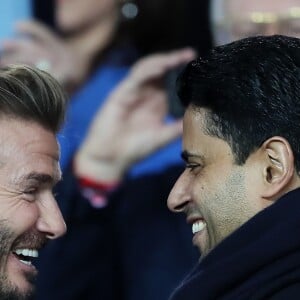 David Beckham et Nasser Al-Khelaïfi - People lors du huitième de finale retour de Ligue des Champion, du Paris Saint-Germain contre le Real Madrid au Parc des Princes à Paris le 6 mars 2018. Le Real à remporté le match sur le score de 2 buts à 1. © Cyril Moreau/Bestimage