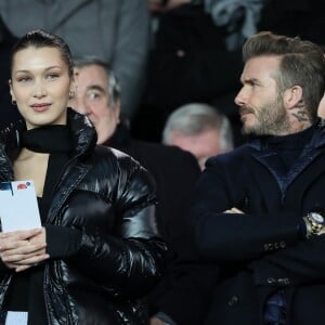 Bella Hadid et David Beckham - People lors du huitième de finale retour de Ligue des Champion, du Paris Saint-Germain contre le Real Madrid au Parc des Princes à Paris le 6 mars 2018. Le Real à remporté le match sur le score de 2 buts à 1. © Cyril Moreau/Bestimage