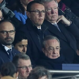 Le premier ministre de la république Edouard Philippe, Nasser Al-Khelaïfi, Florentino Pérez, Nicolas Sarkozy - People lors du huitième de finale retour de Ligue des Champion, du Paris Saint-Germain contre le Real Madrid au Parc des Princes à Paris le 6 mars 2018. Le Real à remporté le match sur le score de 2 buts à 1. © Cyril Moreau/Bestimage