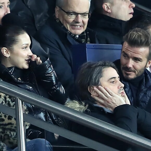 Bella Hadid et David Beckham - People lors du huitième de finale retour de Ligue des Champion, du Paris Saint-Germain contre le Real Madrid au Parc des Princes à Paris le 6 mars 2018. Le Real à remporté le match sur le score de 2 buts à 1. © Cyril Moreau/Bestimage