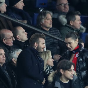 David Beckham, Bella Hadid - People lors du huitième de finale retour de Ligue des Champion, du Paris Saint-Germain contre le Real Madrid au Parc des Princes à Paris le 6 mars 2018. Le Real à remporté le match sur le score de 2 buts à 1. © Cyril Moreau/Bestimage