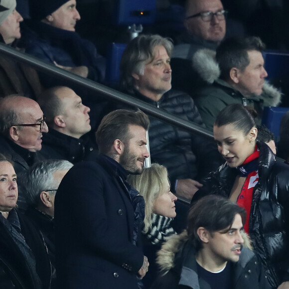 David Beckham, Bella Hadid - People lors du huitième de finale retour de Ligue des Champion, du Paris Saint-Germain contre le Real Madrid au Parc des Princes à Paris le 6 mars 2018. Le Real à remporté le match sur le score de 2 buts à 1. © Cyril Moreau/Bestimage