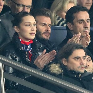 Bella Hadid et David Beckham - People lors du huitième de finale retour de Ligue des Champion, du Paris Saint-Germain contre le Real Madrid au Parc des Princes à Paris le 6 mars 2018. Le Real à remporté le match sur le score de 2 buts à 1. © Cyril Moreau/Bestimage