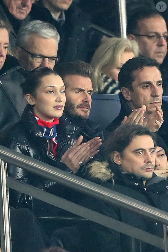 Bella Hadid et David Beckham - People lors du huitième de finale retour de Ligue des Champion, du Paris Saint-Germain contre le Real Madrid au Parc des Princes à Paris le 6 mars 2018. Le Real à remporté le match sur le score de 2 buts à 1. © Cyril Moreau/Bestimage