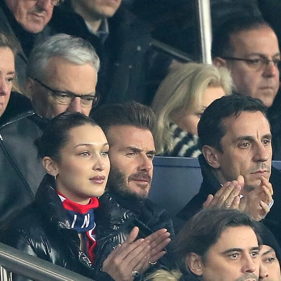 Bella Hadid et David Beckham - People lors du huitième de finale retour de Ligue des Champion, du Paris Saint-Germain contre le Real Madrid au Parc des Princes à Paris le 6 mars 2018. Le Real à remporté le match sur le score de 2 buts à 1. © Cyril Moreau/Bestimage