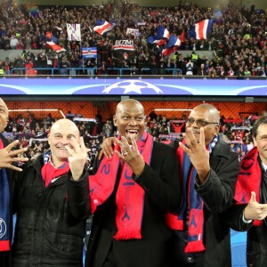 Antoine Kombouaré, Vincent Guerin, Bernard Lama, Laurent Fournier, Patrick Colleter - People lors du huitième de finale retour de Ligue des Champion, du Paris Saint-Germain contre le Real Madrid au Parc des Princes à Paris le 6 mars 2018. Le Real à remporté le match sur le score de 2 buts à 1. © Cyril Moreau/Bestimage