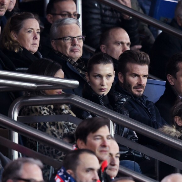 Bella Hadid et David Beckham - People lors du huitième de finale retour de Ligue des Champion, du Paris Saint-Germain contre le Real Madrid au Parc des Princes à Paris le 6 mars 2018. Le Real à remporté le match sur le score de 2 buts à 1. © Rachid Bellak/Bestimage