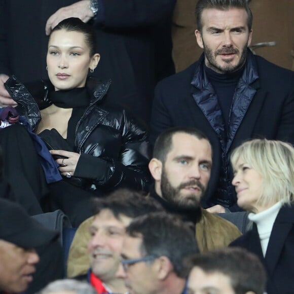 Bella Hadid, David Beckham - People lors du huitième de finale retour de Ligue des Champion, du Paris Saint-Germain contre le Real Madrid au Parc des Princes à Paris le 6 mars 2018. Le Real à remporté le match sur le score de 2 buts à 1. © Cyril Moreau/Bestimage