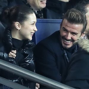 Bella Hadid et David Beckham - People lors du huitième de finale retour de Ligue des Champion, du Paris Saint-Germain contre le Real Madrid au Parc des Princes à Paris le 6 mars 2018. Le Real à remporté le match sur le score de 2 buts à 1. © Cyril Moreau/Bestimage