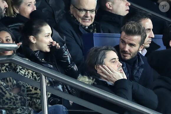 Bella Hadid et David Beckham - People lors du huitième de finale retour de Ligue des Champion, du Paris Saint-Germain contre le Real Madrid au Parc des Princes à Paris le 6 mars 2018. Le Real à remporté le match sur le score de 2 buts à 1. © Cyril Moreau/Bestimage